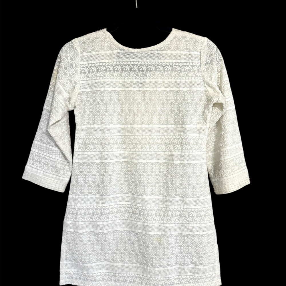 Stretch White Cream Lace and Beaded Long Sleeve Dress - Picture 2 of 7